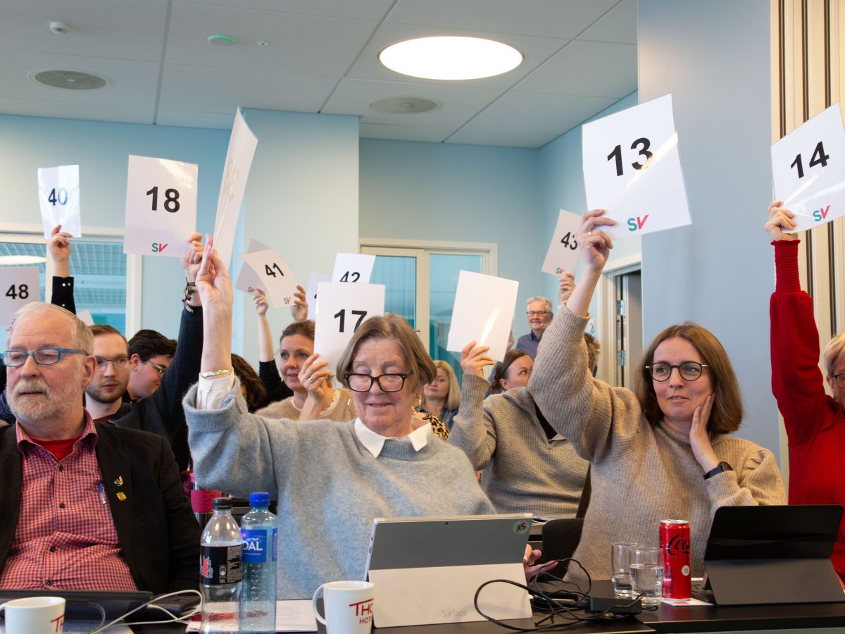 Bilde fra årsmøtet i Nordland SV hvor delegatene som sitter i salen holder opp stemmesedler.Bilde