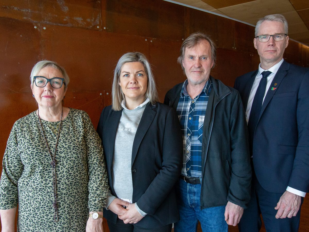 Kirsti Saxi, Aase Refsnes, Kurt Atle Hansen og Christian Torset står ved siden av hverandre inntill en nøytral vegg. Bilde.