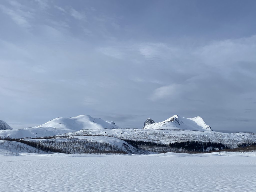 Fjell og snø. Landskapsbilde fra Sjunkhatten nasjonalpark